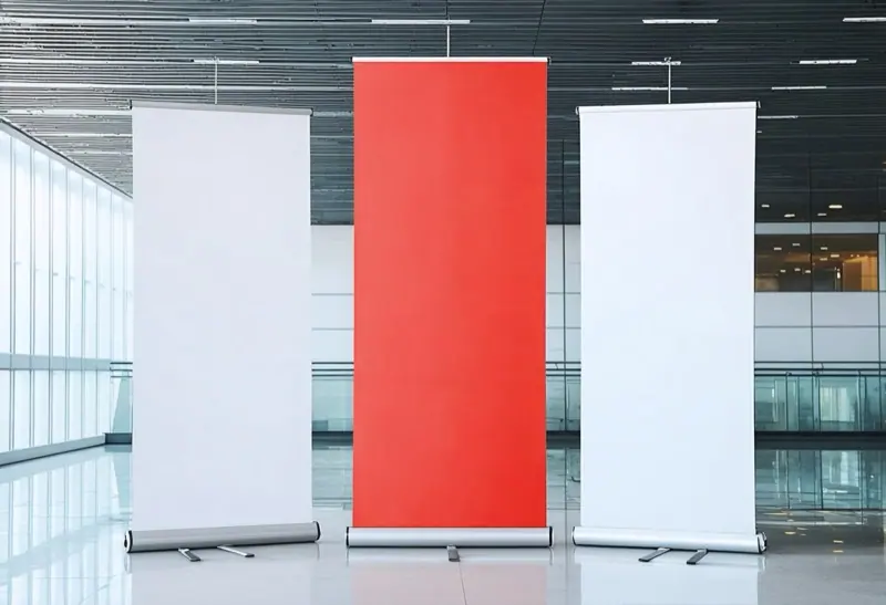Three tall roll-up banner stands in a bright exhibition hall