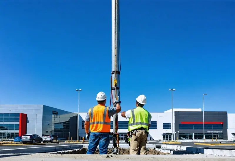 Two installers in hi-vis vests raising a tall flagpole at a commercial building