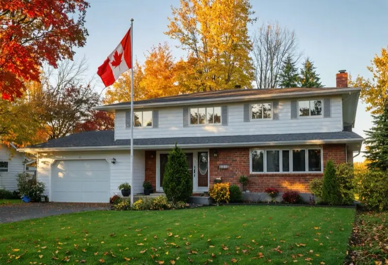 House with a front lawn and a tall flagpole flying the Canadian flag
