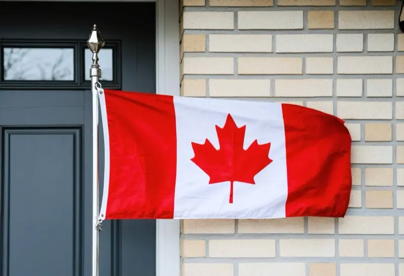 Canadian flag on a short pole mounted to a brick wall beside a front door